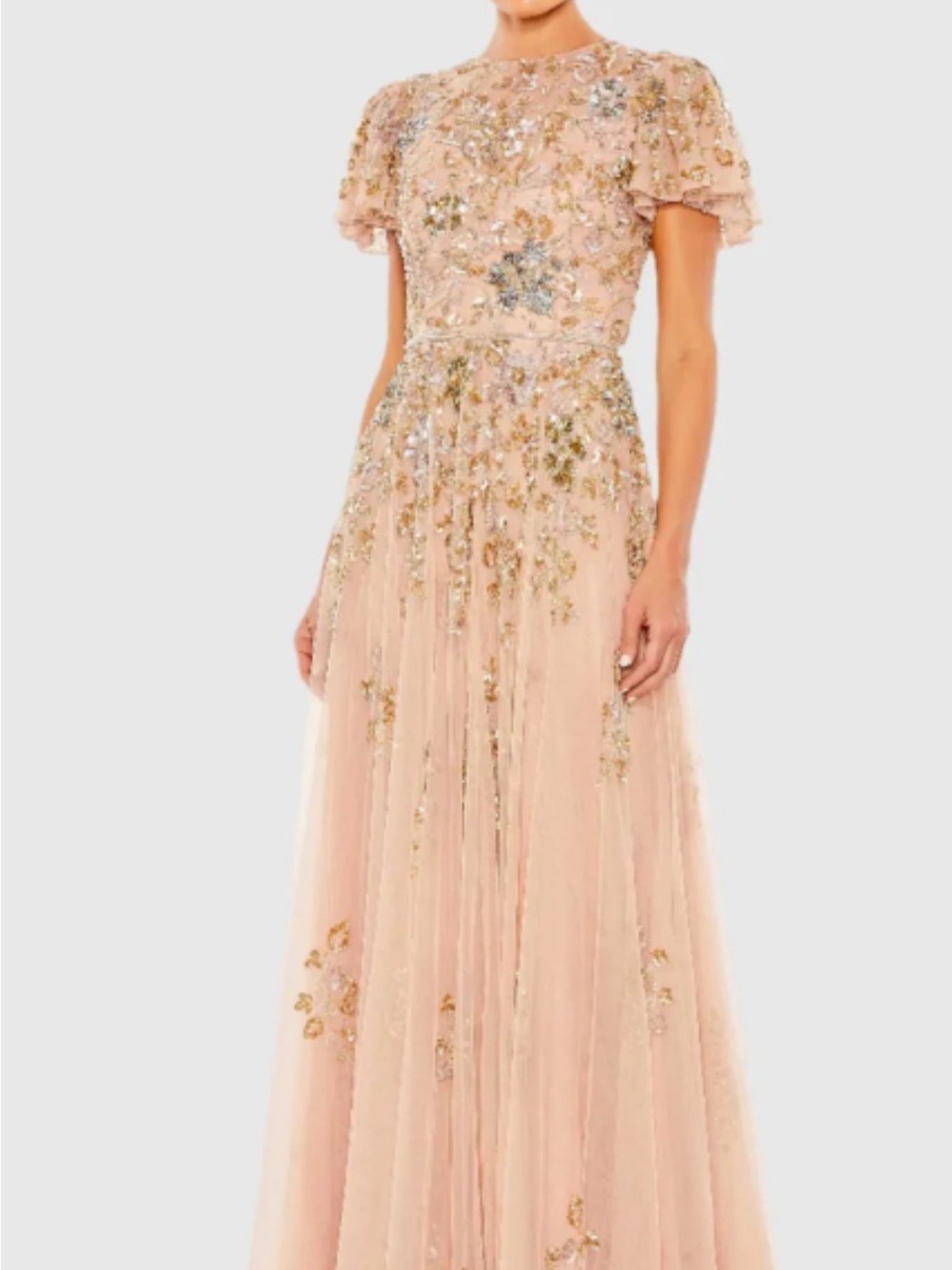 Mac Duggal Taupe Embellished Butterfly Sleeve High Neck Gown